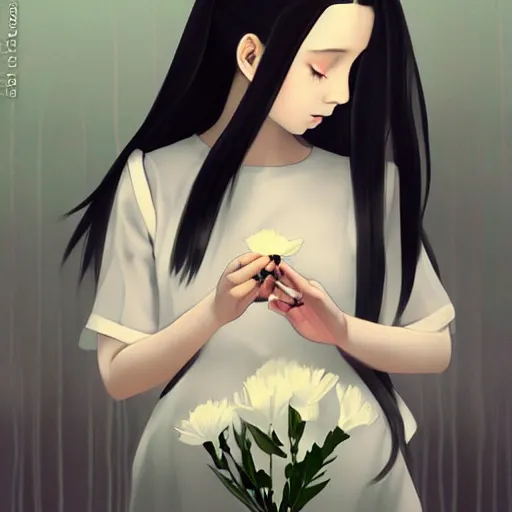Prompt: little girl with her long black hair dressed in a simple white dress putting flowers on hair, anime art style, digital artwork made by ilya kuvshinov, inspired in balthus