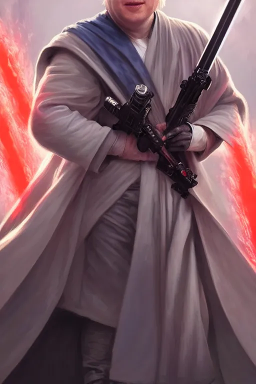 Image similar to Boris Johnson as a Jedi from Star Wars, Union Jack light saber, realistic portrait, symmetrical, highly detailed, digital painting, artstation, concept art, smooth, sharp focus, illustration, cinematic lighting, art by artgerm and greg rutkowski and alphonse mucha