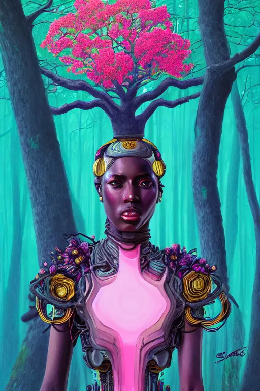 Image similar to illustration neo - victorian cinematic super expressive! yoruba goddess with exoskeleton armor, merging with tree in a forest, pink yellow flowers, highly detailed digital art masterpiece, smooth etienne sandorfi eric zener dramatic pearlescent soft teal light, ground angle hd 8 k, sharp focus