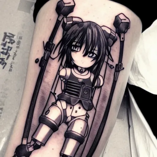 Prompt: Anime manga robot!! catgirl tattoo, exposed wires and gears, fully robotic!! catgirl, manga!! in the style of Junji Ito and Naoko Takeuchi, cute!! chibi!!! catgirl, tattoo on upper arm, arm tattoo