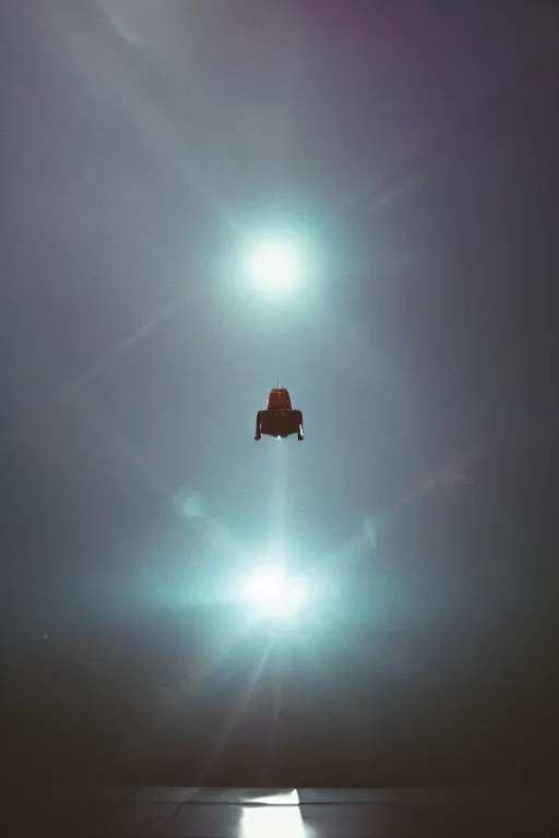 Prompt: agfa vista 4 0 0 photograph of a spaceship abducting a person, floating mid air, lens flare, back view, moody lighting, moody vibe, telephoto, 9 0 s vibe, grain, vintage, tranquil, calm, faded