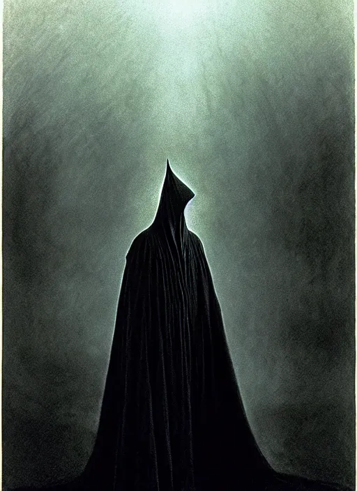 Image similar to nazgul, film cinematography, atmospheric lighting, natural lighting, nazgul from lord of the rings, wide shot, atmospheric cinematography by stanley kubrick, flowing robes by alphonse mucha, nazgul by alan lee and john howe and zdzisław beksinski