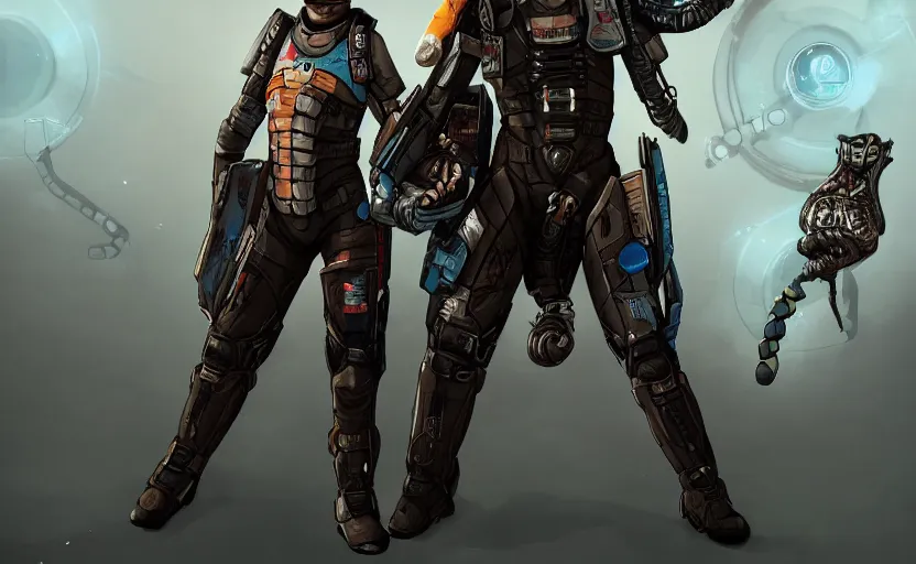 Image similar to friendship isaac clarke from dead space with morgan yu from prey ( 2 0 1 7 ), digital art