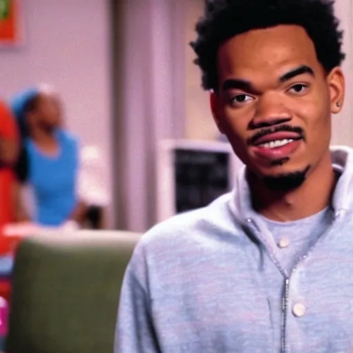 Image similar to a tv still of Chance The Rapper starring as a black college student at Jones College Prep in a 1993 sitcom