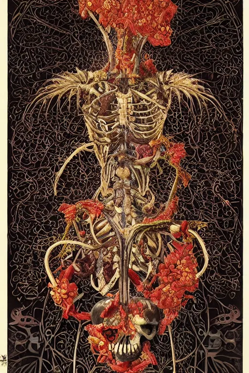 Prompt: intricate anatomical skeleton of a crow, crow skull, background consists of interwoven varities of superhot chili peppers, entanglement, -no human, bhut jolokia, carolina reaper, trinidad scorpion, voronoi, fibonacci sequence, leaves, by Moebius,Alphonse Mucha, peter mohrbacher, hiroshi yoshida, Art Nouveau, cgsociety, concept art, tweed colour scheme, psychedelic, complementary colour scheme, 3d