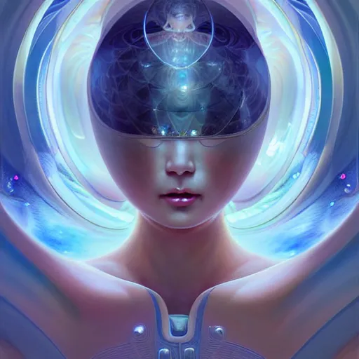 Image similar to Japanese beautiful celestial Goddess wearing a futuristic lush spacesuit exposed in cryo chambers by James Jean, rule of thirds, coherent symmetry, seductive look, intricate, elegant, highly detailed, centered, digital painting, artstation, concept art, smooth, sharp focus, illustration, by Peter Mohrbacher, WLOP