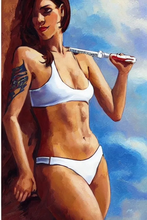 Prompt: female in white bikini with tattoos and stormtrooper helmet, well composed, clean elegant painting, beautiful detailed face. 6 0 s style advertising