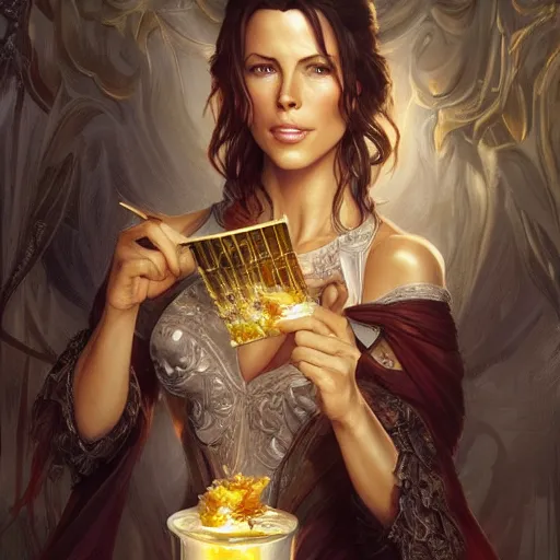 Image similar to Kate Beckinsale eating fork covered in honey, D&D, fantasy, intricate, elegant, highly detailed, digital painting, artstation, concept art, matte, sharp focus, illustration, hearthstone, art by Artgerm and Greg Rutkowski and Alphonse Mucha