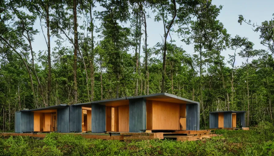 Image similar to A wide image of an eco-community of innovative contemporary 3D printed prefab sea ranch style cabins with rounded corners and angles, beveled edges, made of cement and concrete, organic architecture, in a lush green forest Designed by Gucci and Wes Anderson, golden hour