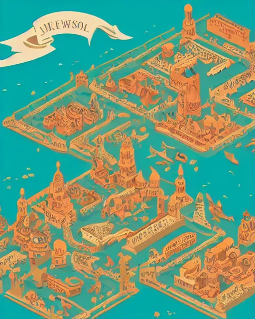 Prompt: western town, 1900, teal coral and gold leaf colours, intricate detail, infographic in the style of isometric Wes Anderson