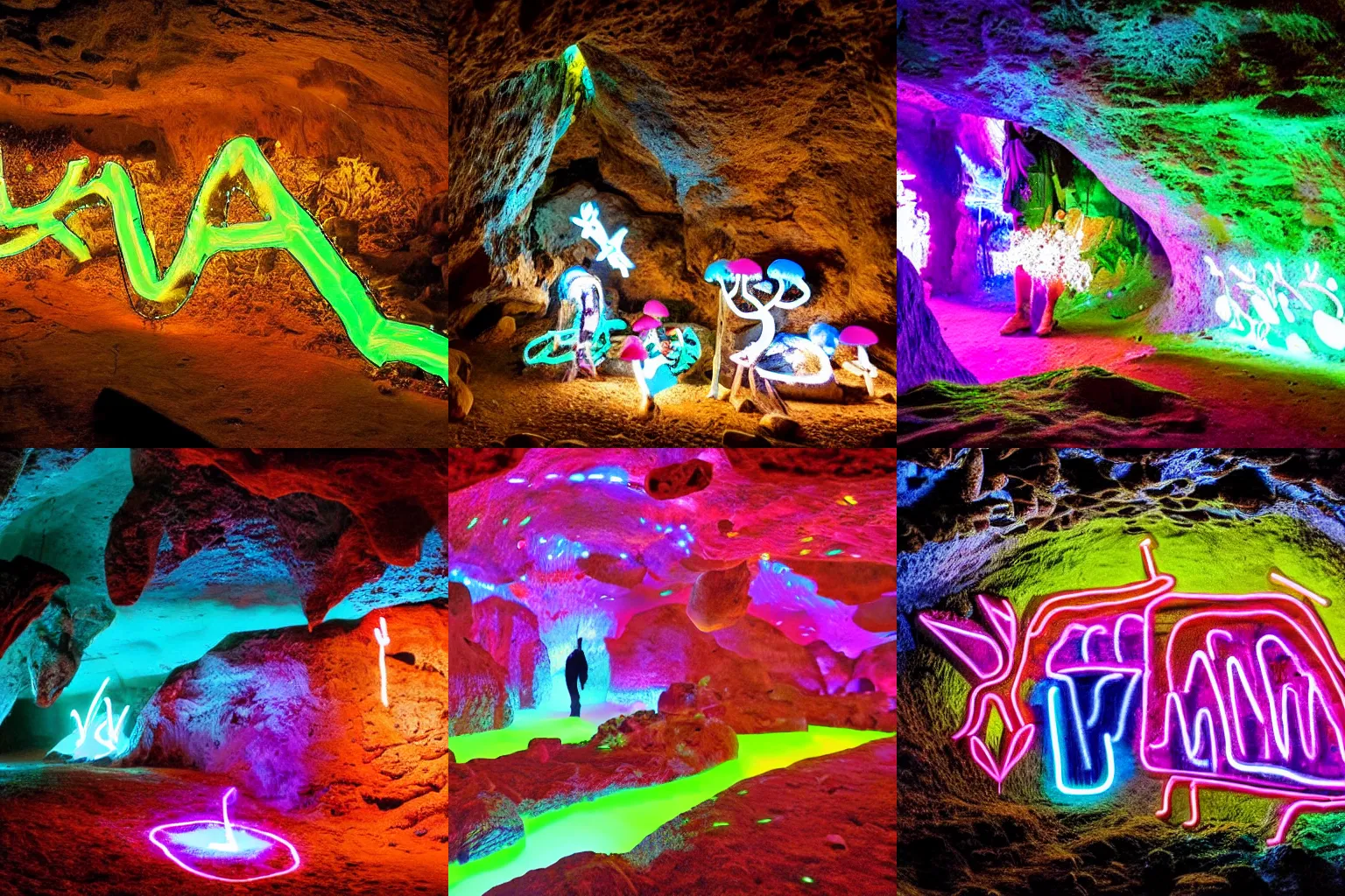 Prompt: prehistoric cave art in cavern with neon crystals and glowing mushrooms with groove spelled out in cave art