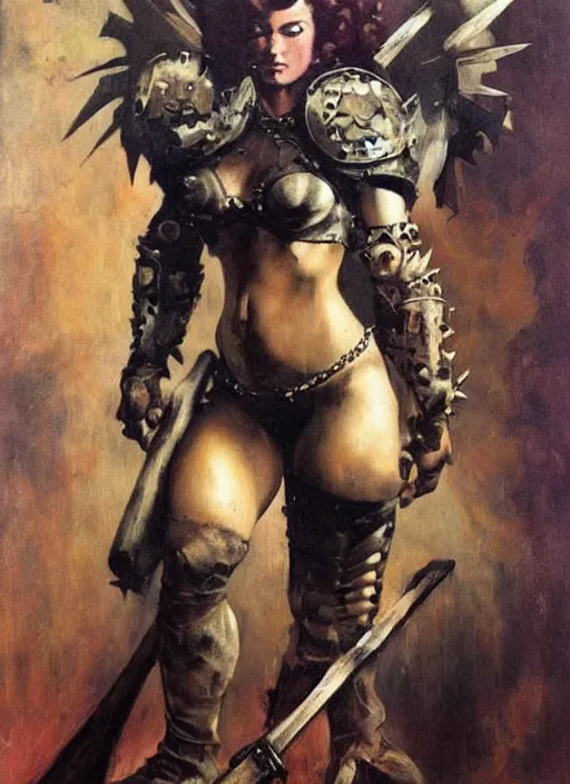 Image similar to portrait of junoesque norwegian female chaos angel, beautiful! coherent! by frank frazetta, by brom, strong line, muted color, rusted spiked armor, iron helm, high contrast, maximalist