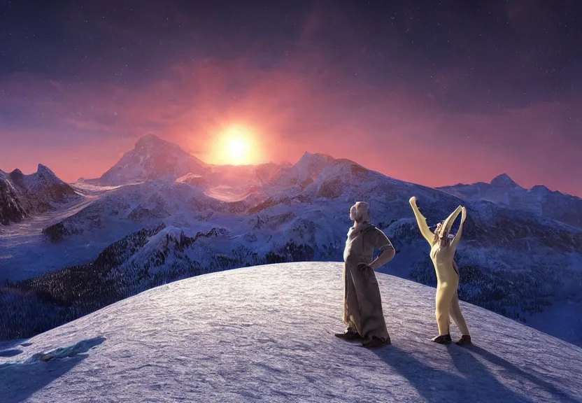 Image similar to fully photorealistic hdr eclipse at sunrise on snowy aurora mountaintop, distant glowing figures, masterpiece composition, art by john collier, albert aublet, artem demura, alphonse mucha, sharper luminescent focus, nd 6, hdr, movie still, cinematic diffuse lighting, artstation, textless, sharp focus