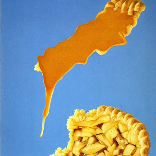 Prompt: 1 thick slice of apple pie floating on a blue background, chesley bonestell, vincent di fate, covered in golden crust, large slice, dripping syrup