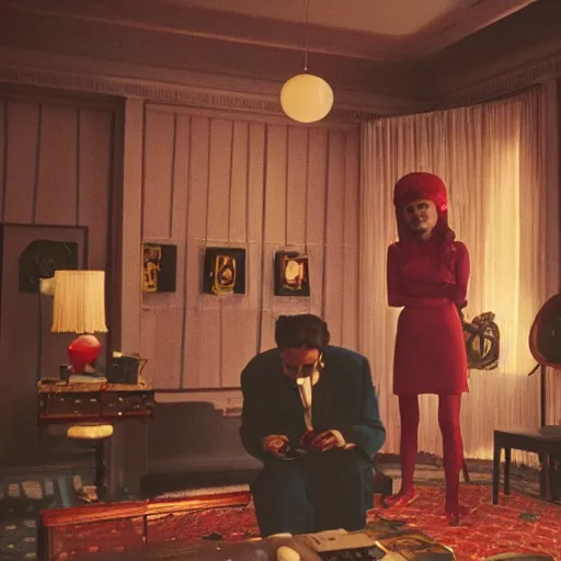 Prompt: film still from surreal arthouse film, avant garde, wes anderson color palette, unusual lighting choices, award winning set design