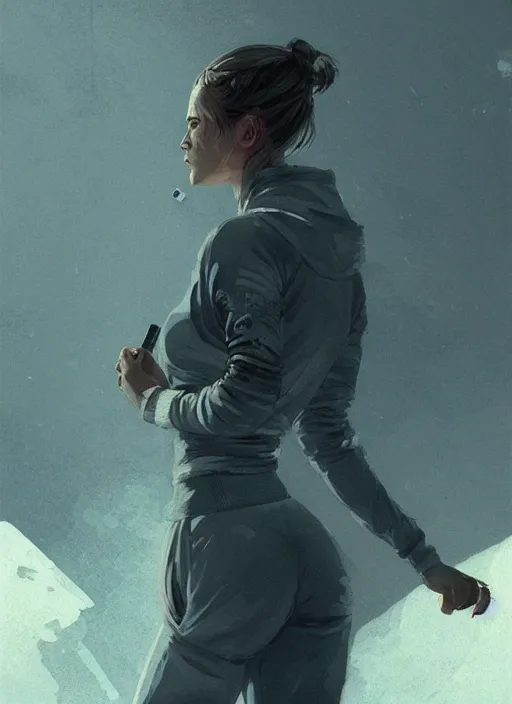 Prompt: russian slav heroine wearing an addidas tracksuit a cigarette in hand. by greg rutkowski and wlop, detailed, cinematic, artstation, 8 k, intricate, rule of thirds.