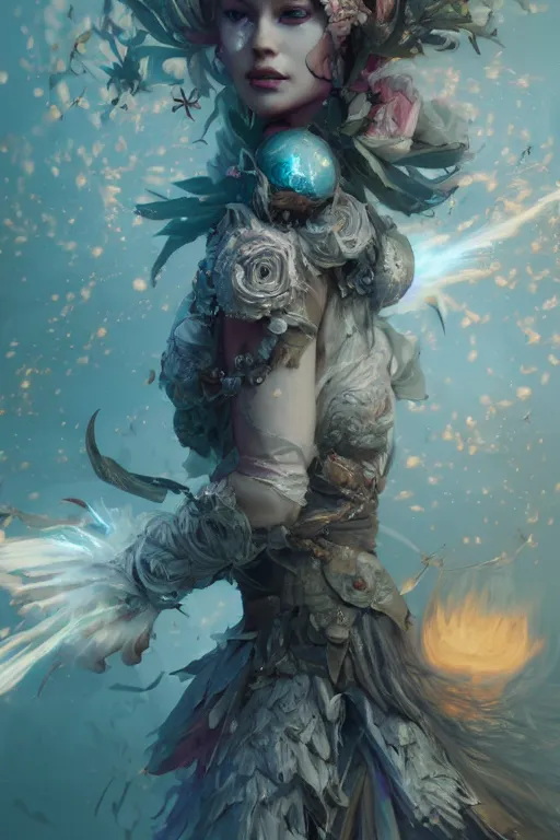 Image similar to face closeup of beautiful girl necromancer, witch - doctor exploding into flowers, angels, 3 d render, hyper - realistic detailed portrait, holding fire and electricity, leaves and magic, ruan jia, wlop. scifi, fantasy, magic the gathering, hyper detailed, octane render, concept art, peter mohrbacher