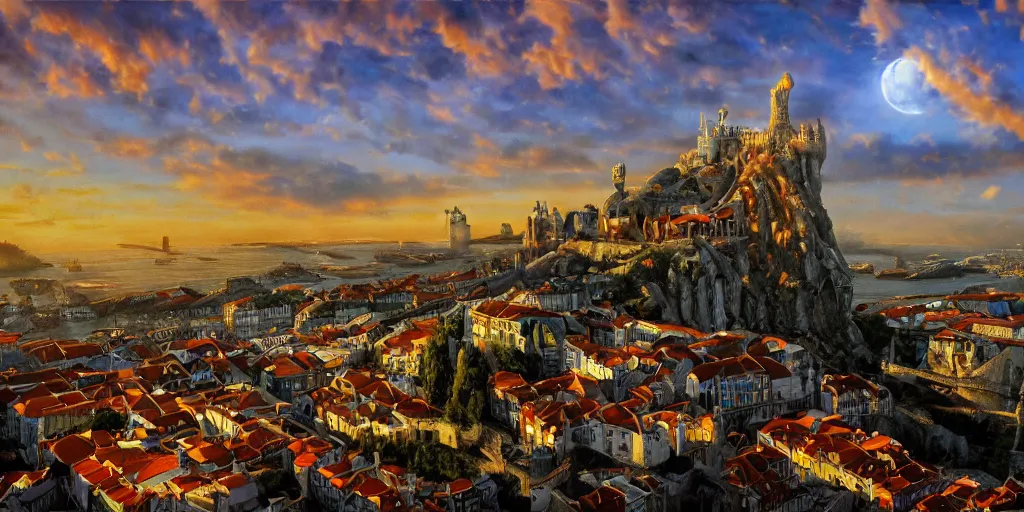 Image similar to fantasy oil painting, megalithic city of lisbon, fantasy, buildings, looming, colossal, gate, small buildings, warm lighting, street view, daytime, silhouetted figure standing overlooking the port city, epic, distant mountains, bright clouds, luminous sky, cinematic lighting, michael cheval, michael whelan, artstation, oil painting, vray, 8 k hd