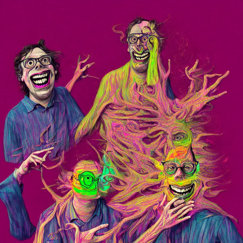 Image similar to happy and funny psychedelic best friends todd solondz tripping on lsd, laughing, diffuse lighting, fantasy, intricate, elegant, highly detailed, lifelike, photorealistic, digital painting, artstation, illustration, concept art, smooth, sharp focus, art by francis bacon