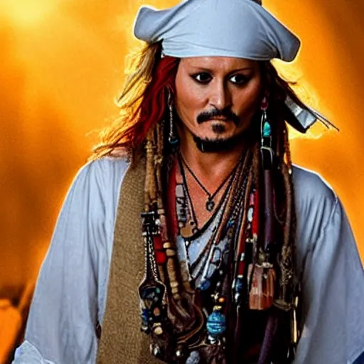 Prompt: jhonny Depp as an Arab pirate sailing the seven seas, God rays