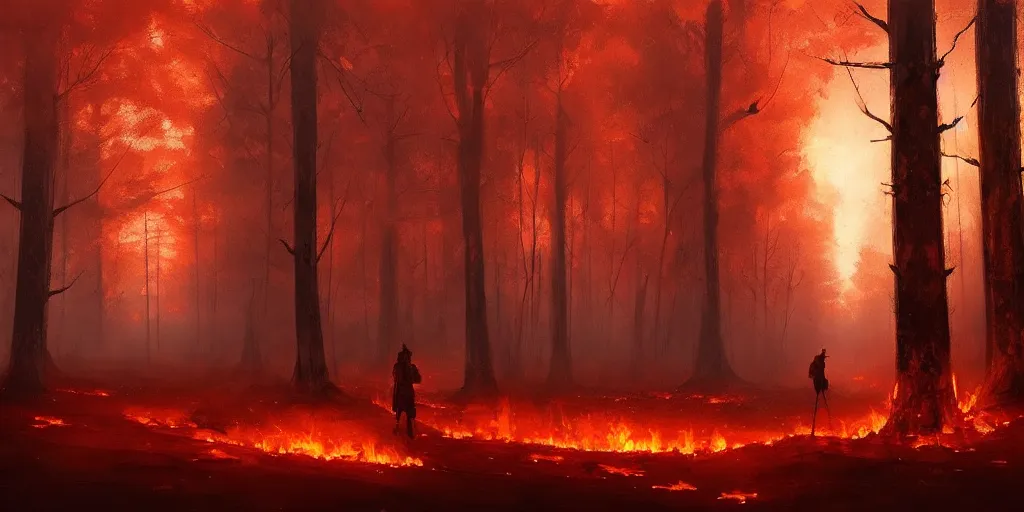 Prompt: A flaming forest , flaming leaves,fire ,Magma, artstation,by Jakub Rozalski