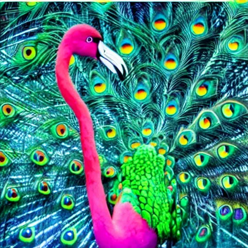 Prompt: hybrid bird cross between beautiful luminescent peacock and flamingo detailed oil painting 4k