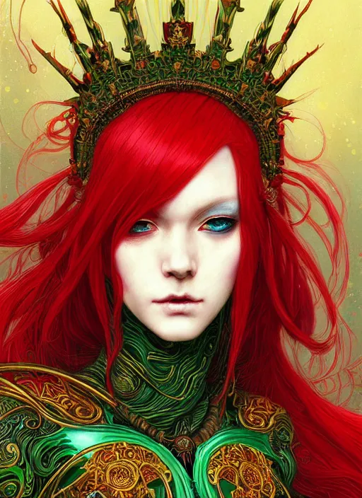 Prompt: a painting of a beautiful cyberpunk elven queen with long red hair, wearing green, red and gold ornate dress, golden intricate crown. detailed symmetrical close up portrait, intricate complexity, concept art, by takato yamamoto, wlop, krenz cushart. cinematic dramatic atmosphere, sharp focus