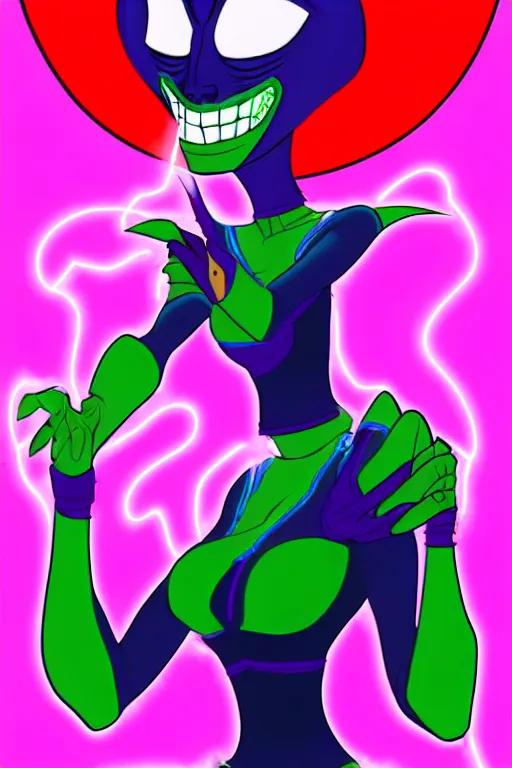 Image similar to queen toxique, an alien supervillainess with mutagenic powers, glowing energy effects, full color digital painting in the style of don bluth, jamie hewlett, artgerm, artstation trending, 8 0 s vibes