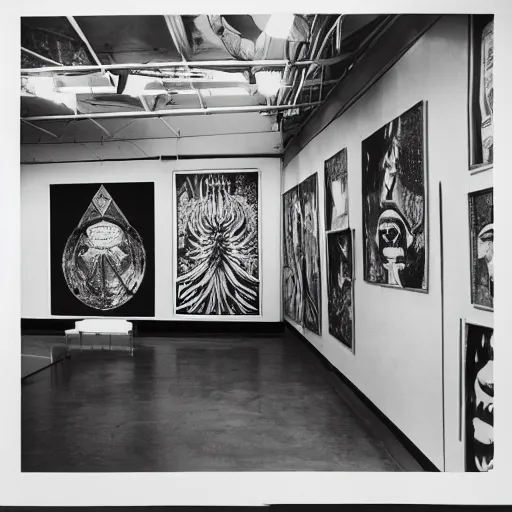 Image similar to A black and white photography of an exhibition space with works of Sun Ra, Marcel Duchamp and tropical plants, 60s, offset lithography print, newspaper, distant shot