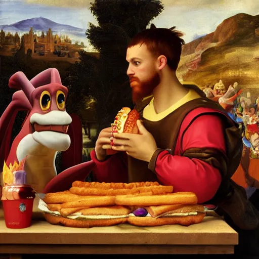 Prompt: Spyro the Dragon eating a whopper at Burger King, in the style of a renaissance painting, historical painting