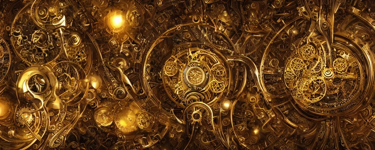 Prompt: dynamic composition, intricate layered golden clockwork machine with cogs, super detailed, by karol bak, jean deville, and jesse king, otherworldly, fractal structures, arcane, clockface, inscribed runes, ornate gilded cosmic machine, spirals, featured on cgsociety, unreal engine, 8 k, cinematic lighting