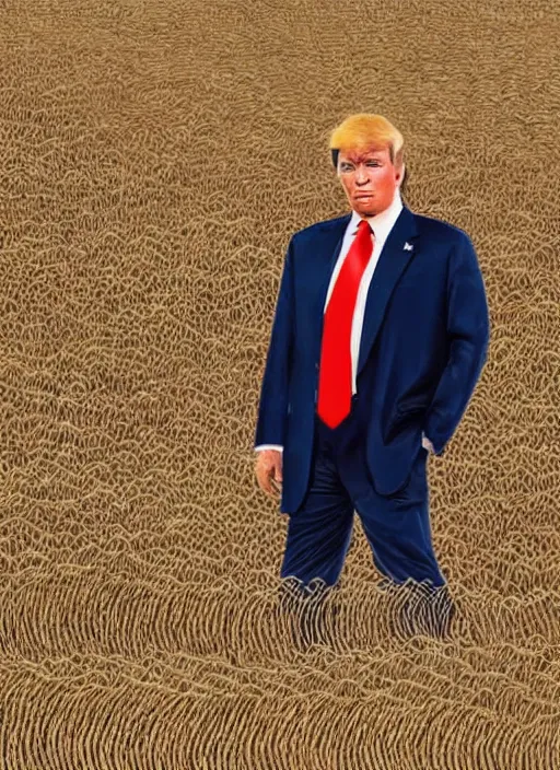 Image similar to a full body portrait of a person looking like donald trump working in rice field in mountains, hot sun, by chinese artists