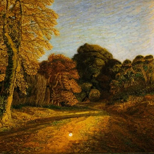 Image similar to a beautiful country path, golden light , sense of awe, in the style of Samuel Palmer