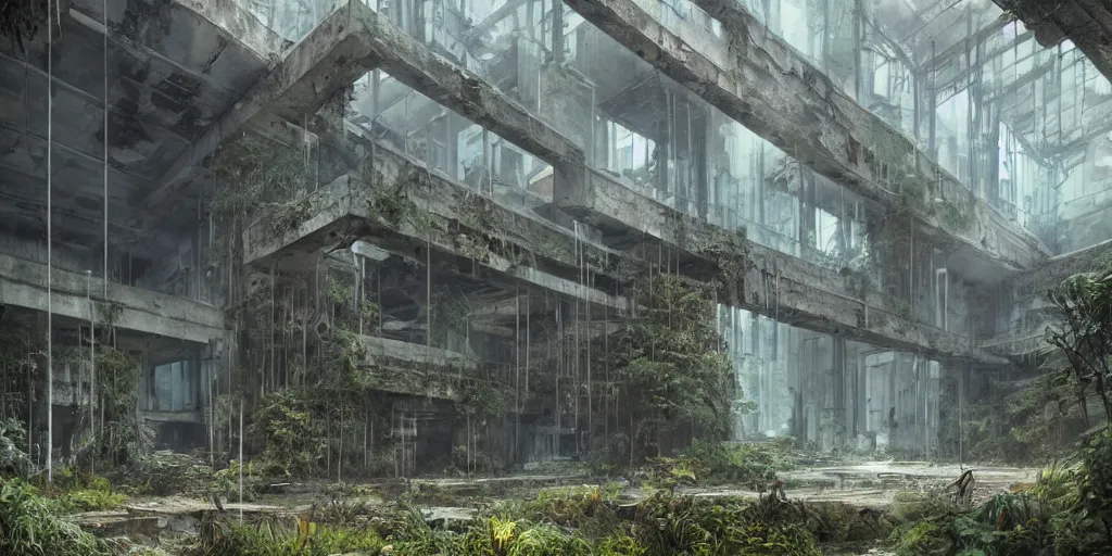 Prompt: an abandoned brutalist building covered by plants, cold blue cinematic lights, vivid lighting, fantasy, by tuomas korpi and greg rutkowski and jonas de ro