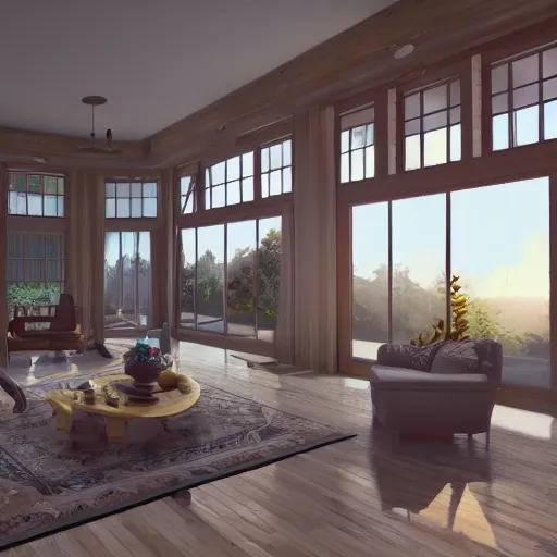 Image similar to Peaceful wooden mansion, unreal engine 5 tech demo, zillow interior, golden hour, living room, cozy, octane render, Frank Lloyd Wright ((Studio Ghibli))