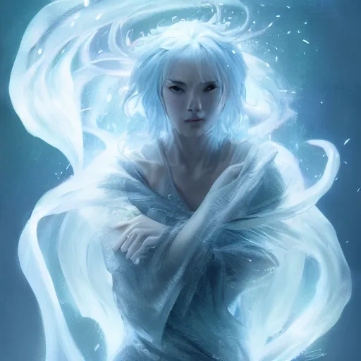 Image similar to female japanese ice elemental, ghostly form, transparent, d & d, highly detailed, digital painting, artstation, concept art, sharp focus, illustration, cinematic lighting, art by artgerm and greg rutkowski and alphonse mucha