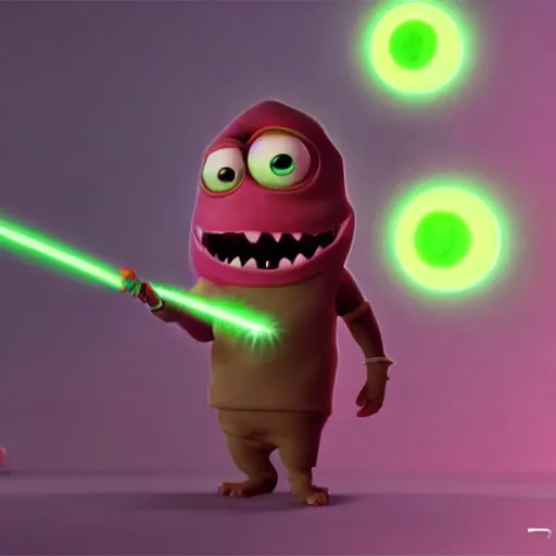 Prompt: mike wazowski as a sith with lighstaber, monster's inc