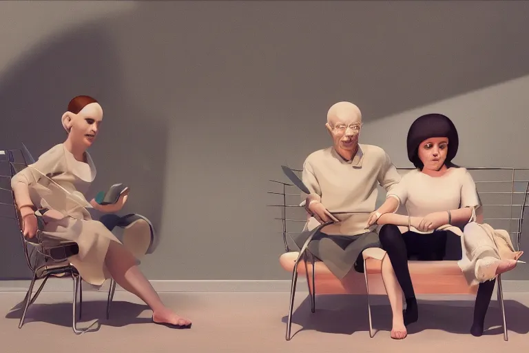 Image similar to beautiful painting of friends sitting at a half - turn on the edge, cute, soft light, digital painting by diane arbus and ralph mcquarrie and harry bertoia octane render