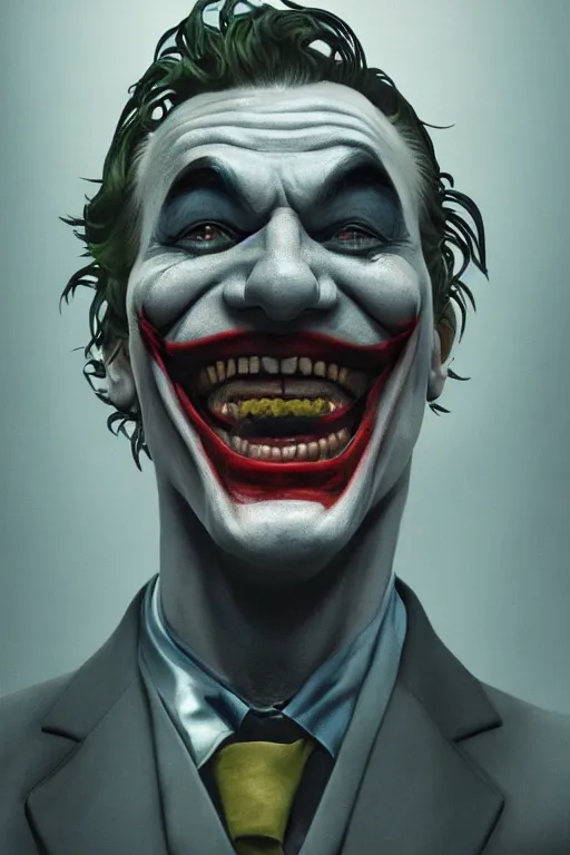 Image similar to cinematic portrait of the Joker. Centered, uncut, unzoom, symmetry. charachter illustration. Surreal render, ultra realistic, zenith view. Polished. Inspired by patricio clarey, heidi taillefer scifi painter glenn brown. Extremely ornated. artstation, cgsociety, unreal engine, ray tracing, detailed illustration, hd, 4k, digital art, overdetailed art. Dslr, tiltshift, dof. 64megapixel. complementing colors. Trending on artstation, deviantart,