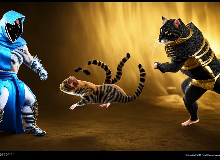 Image similar to hamster dressed as sub zero fights a cat dressed as scorpion in mortal kombat on the background of a laughing shao khan. fantasy magic style. highly detailed 8 k. intricate. lifelike. soft light. sony a 7 r iv 5 5 mm. unreal engine with nanite and path tracing