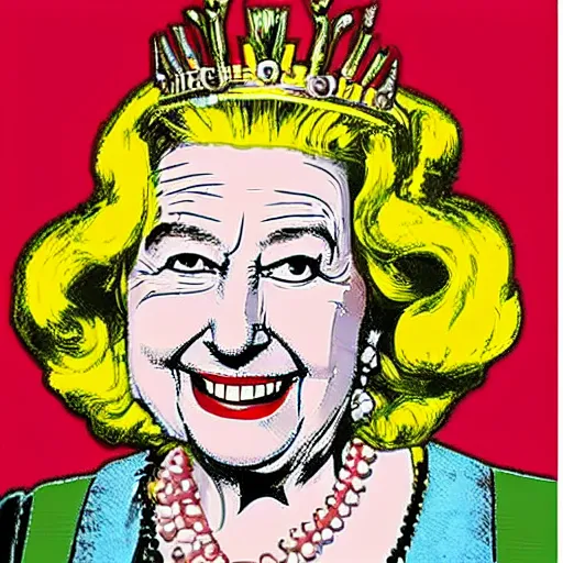 Image similar to pop-art of Queen Elizabeth firing a bazuka