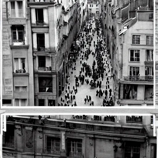 Prompt: by rafael zabaleta desaturated. a collage of a group of people on a balcony, looking down at a street scene below. the collage is set in the rue des petits augustins, a street in paris's left bank district.