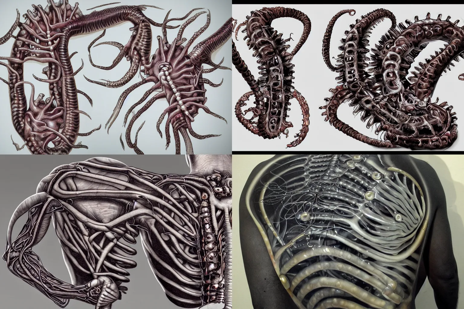 Prompt: biomechanical machine airbrushed eel monster embedded pearls ribs spinal cord