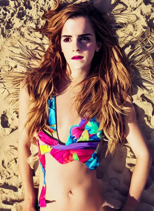 Image similar to Emma Watson for Victorian Secret, perfect face, hot summertime hippie, psychedelic swimsuit, beach, full length shot, XF IQ4, 150MP, 50mm, f/1.4, ISO 200, 1/160s, natural light, Adobe Photoshop, Adobe Lightroom, DxO Photolab, Corel PaintShop Pro, rule of thirds, symmetrical balance, depth layering, polarizing filter, Sense of Depth, AI enhanced