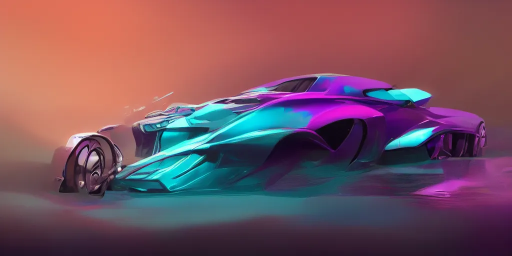 Image similar to full view of a car, painted in purple and teal holographic pearlescent, elegant, digital painting, concept art, smooth, sharp focus, art style from Wang Ke and Greg Rutkowski and Bruce Kaiser and Scott Robertson and Dmitry Mazurkevich and Doruk Erdem and Jon Sibal, small style cue from Blade Runner