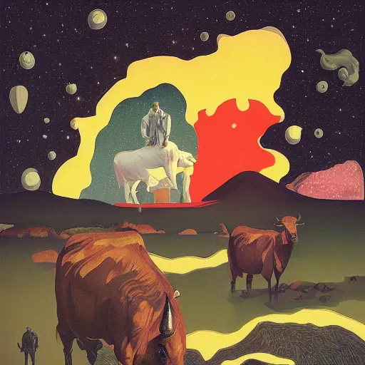 Prompt: isometric painting of a cow devouring a human, black mountains, dark atmosphere, decollage, fire, edward hopper, tristan eaton, victo ngai