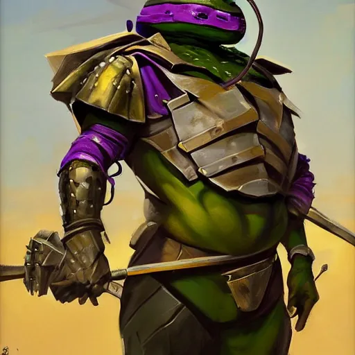 Image similar to greg manchess portrait painting of armored donatello of tmnt as overwatch character, medium shot, asymmetrical, profile picture, organic painting, sunny day, matte painting, bold shapes, hard edges, street art, trending on artstation, by huang guangjian and gil elvgren and sachin teng