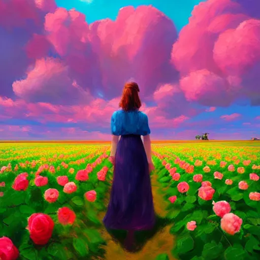 Image similar to giant rose as a head, girl walking in a flower field, surreal photography, sunrise dramatic light, impressionist painting, colorful clouds, digital painting, artstation, simon stalenhag