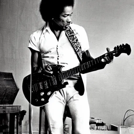 Prompt: jimi hendrix playing a guitar made of a big snake, color photo, cinematic