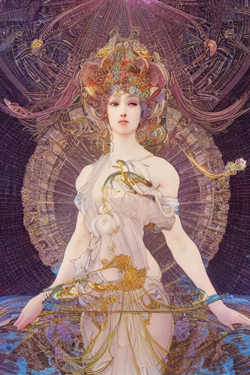 Image similar to goddess angel of tranquility，hyper detailed, character concept, full body, dynamic pose，intricate, lineart, cerpuscular rays, by yoshitaka amano, alfons mucha, 4k